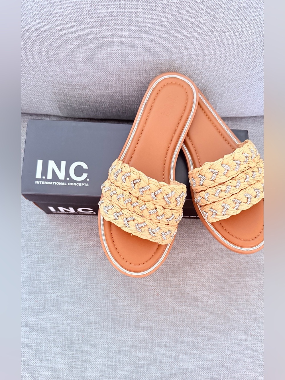 INC International Concepts Yellow Braided Slide Sandals with Rhinestone Accents